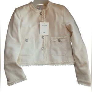 Till I Die Collarless  Tweed Wool Jacket Blazer Ivory